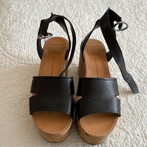 Dolce Vita Black Leather  Linda Wedge Sandal SZ 8 Great